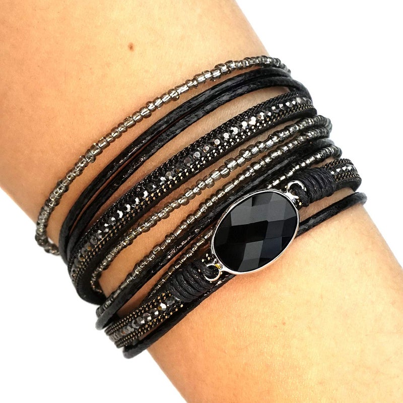Suyi Women Wrap Bracelet Multilayered Leather Braided Bangle Wrist Cuff Bangles with Magnetic Buckle Black - Image 2
